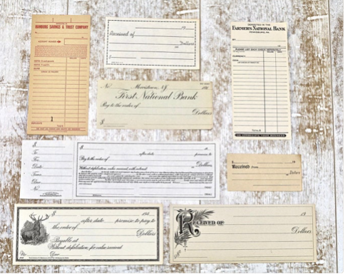 vintage banking ephemera, notes, checks